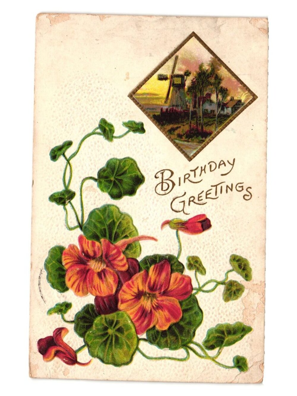 Antique Embossed Birthday Greetings Postcard Flowers Windmill Scene Posted 1912